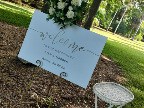Chic welcome marriage ceremony sign for wedding in Townsville with celebrant Amanda Medill