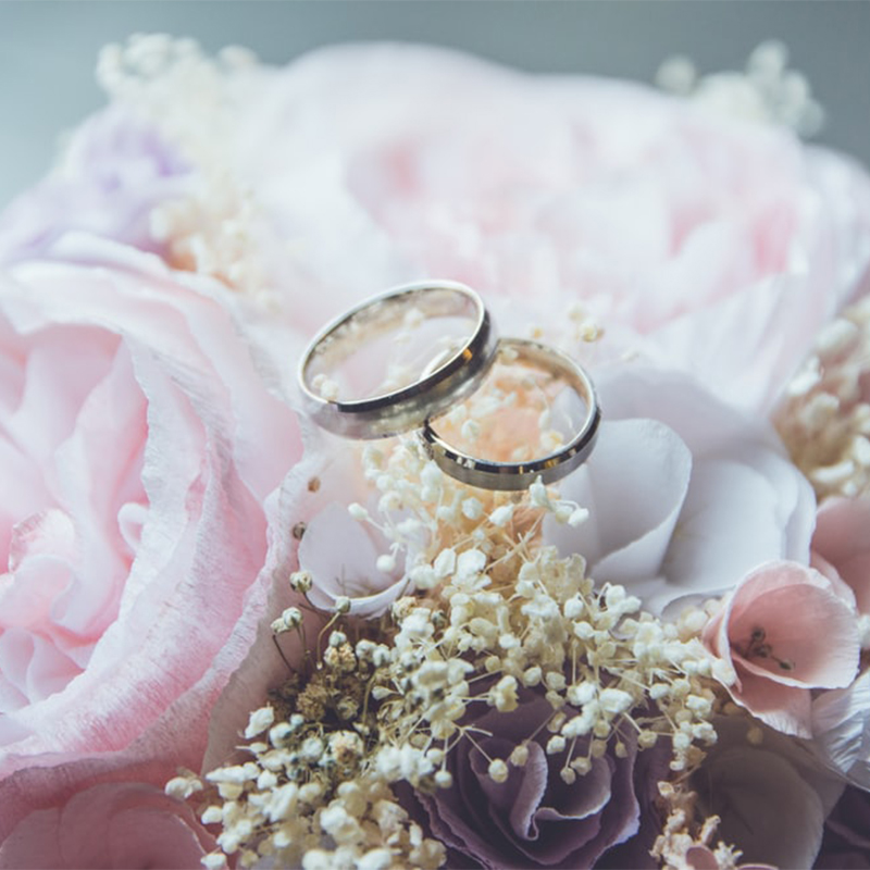 Wedding rings sittting on gorgeous pink flowers